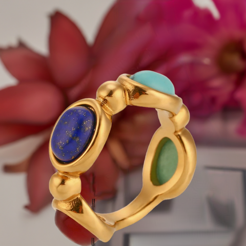 Anel 18K Banhado a Ouro com Pedra Natural Aço Inoxidável