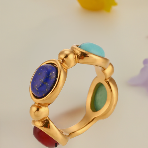 Anel 18K Banhado a Ouro com Pedra Natural Aço Inoxidável