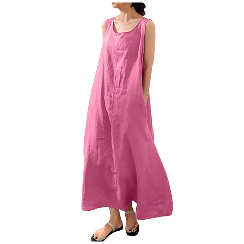 Vestido Feminino Cor Sólida em Algodão e Linho