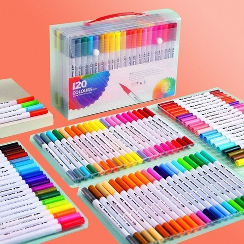 Kit 24/36/48/60/80/100/120 Cores Caneta 2 em 1 Brush Lettering e Ponta Fina Dual Pen Canetinha Colorir Desenho
