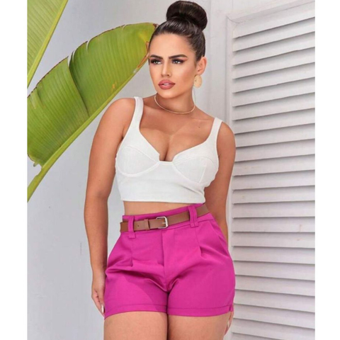 Short Alfaiataria Feminino Social com Cinto Cintura Alta PROMOÇÃO