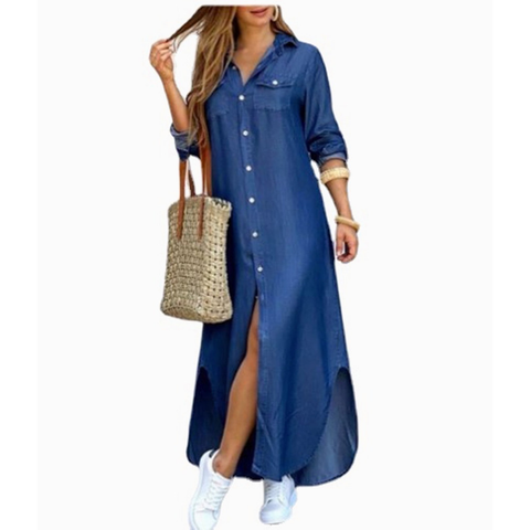 Vestido Jeans Longo Feminino Manga Comprida