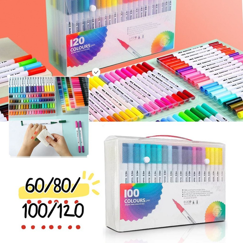 Kit 24/36/48/60/80 Canetas 2 em 1 Brush Lettering e Ponta Fina Dual Pen Canetinha Colorir Desenho