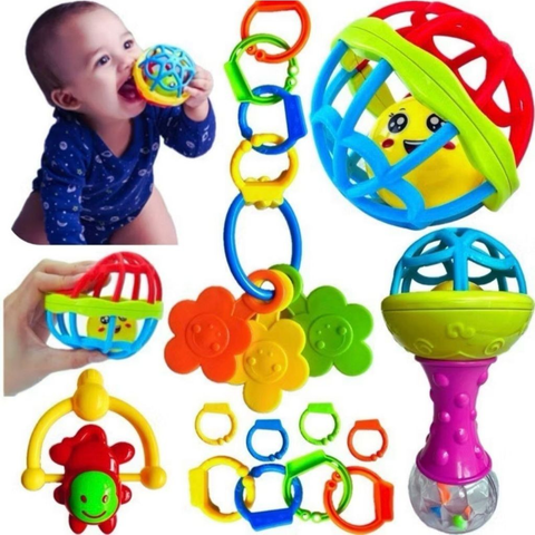 Kit 8 peças Mordedor para Bebe Sensorial Macio com Chocalho ou Kit 4 mordedores ou Bolinha Mordedor Silicone Baby Ball